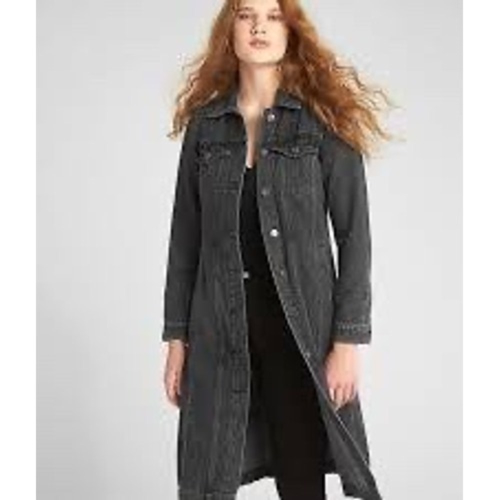 Gap Denim Icon Duster Black Grey Wash Jean Jacket XL Tall Longline Maxi Trucker